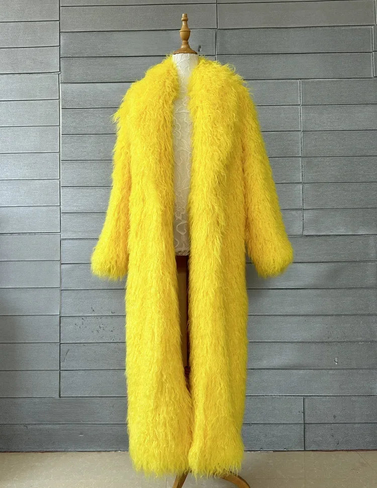 Faux Fur Jacket Women Long Coat Thick Fluffy Winter Warm Shaggy Overcoat Open Stitch Outerwear Turn Down Collar High Street