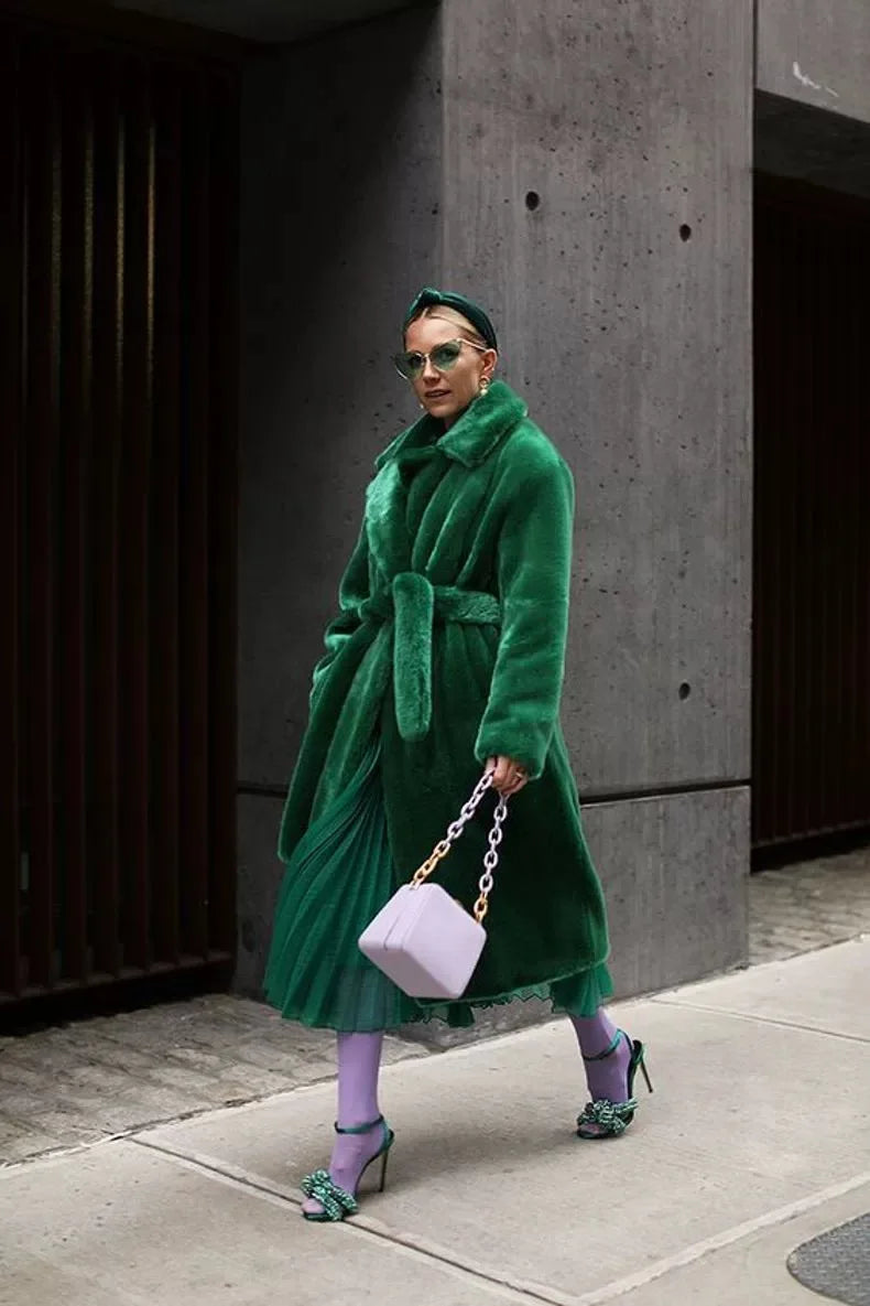 Luxury Lace Up Faux Fur Coat Women Chic Lapel Full Sleeve Fluffy Loose Warm Long Jacket Lady Winter Daily Highstreet Outerwears