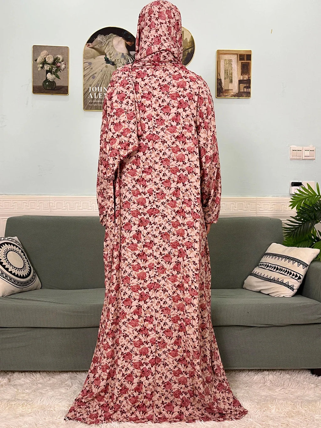 Women's Traditional Floral Ramadan Muslim Cotton Abayas Garment with attached Headscarf