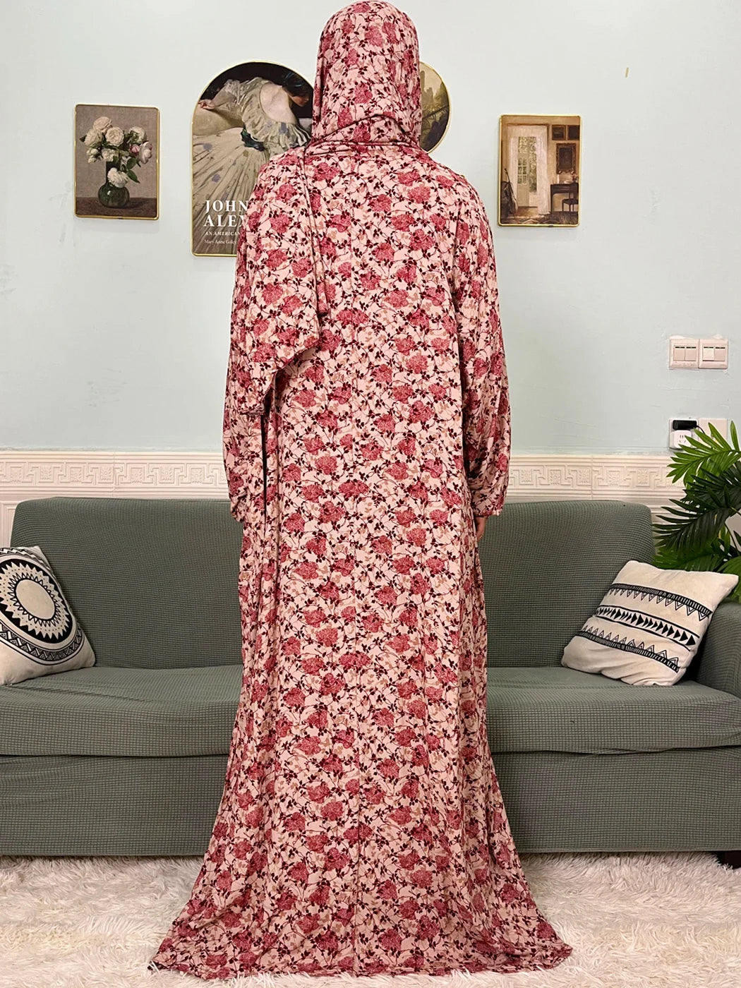 Women's Traditional Floral Ramadan Muslim Cotton Abayas Garment with attached Headscarf