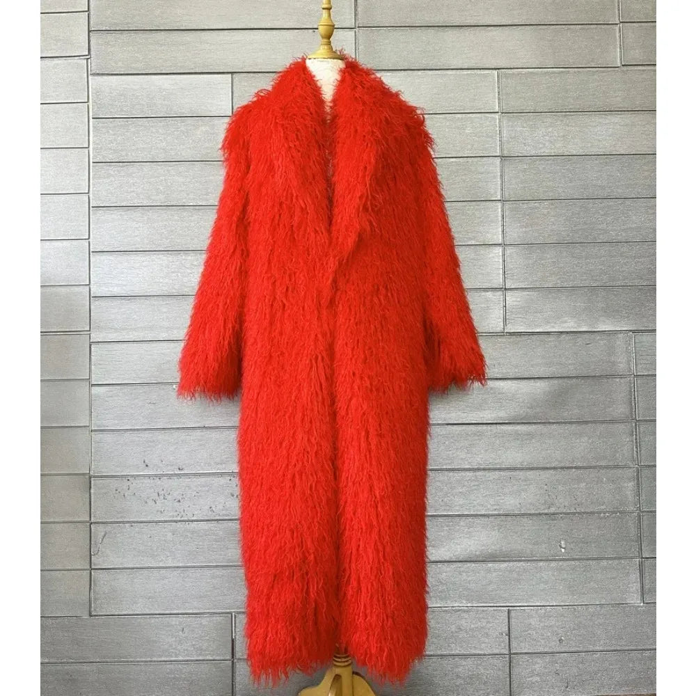 Faux Fur Jacket Women Long Coat Thick Fluffy Winter Warm Shaggy Overcoat Open Stitch Outerwear Turn Down Collar High Street