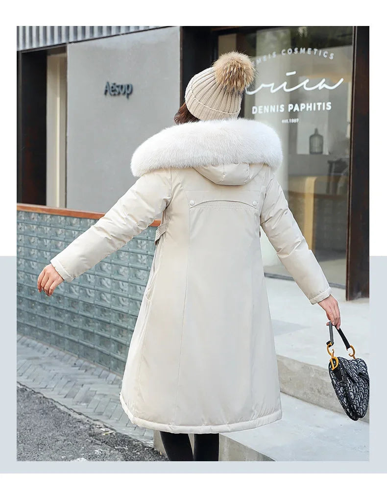 Women's Double-Sided Color Block Parka Winter Jacket with Big Fur Collar Hooded Zipper Pockets Long Sleeve Casual Overcoat