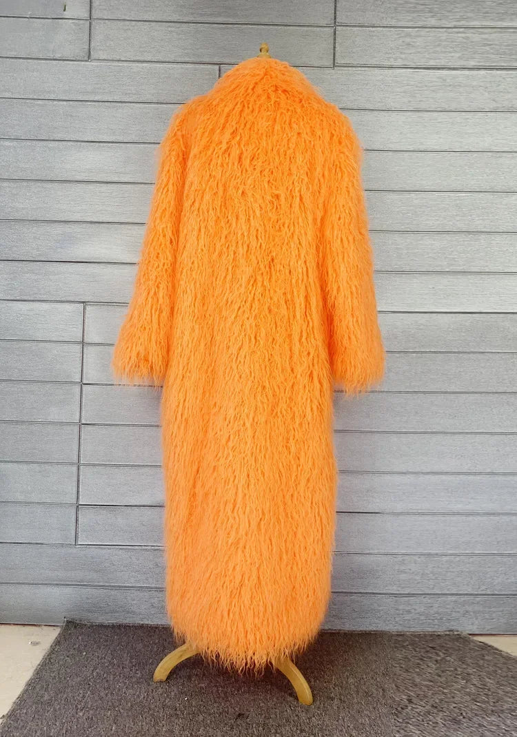 Faux Fur Jacket Women Long Coat Thick Fluffy Winter Warm Shaggy Overcoat Open Stitch Outerwear Turn Down Collar High Street