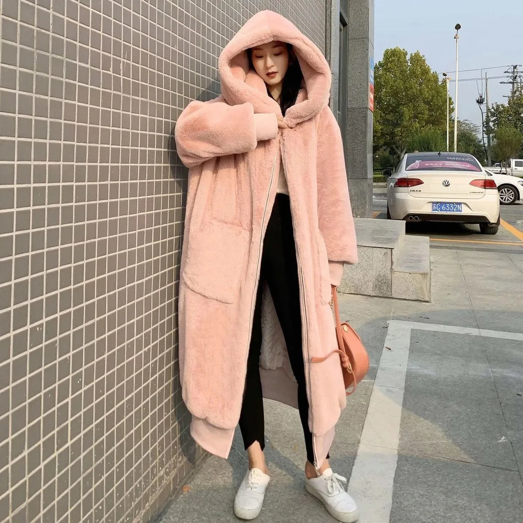 Winter Faux Fur Fashionable Hooded Cotton Long Plush Fleece Temperament Loose Jacket for Women