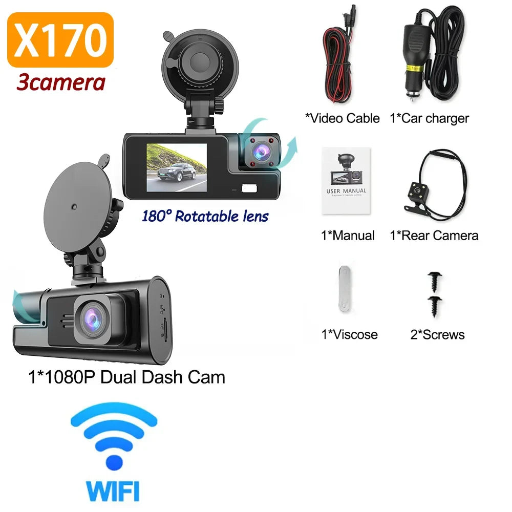 3 Lens Dash Cam 1080P Front, Rear & Interior Car Camera with WiFi & Night Vision