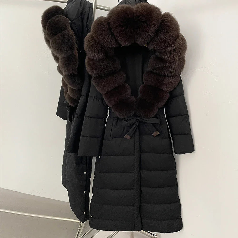 Real Faux Fur Collar Puffer Jacket Duck Down Thick Coat For Women