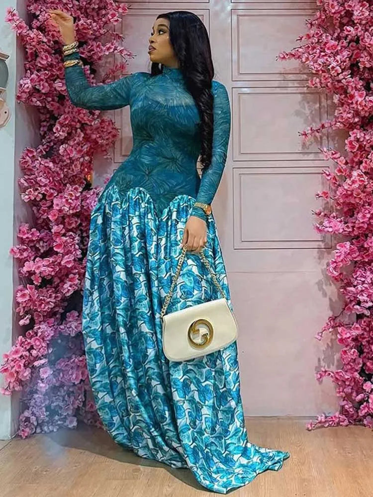 Women Autumn Light Blue Long Sleeve Dress Slim Waist Mid-turtleneck Chic Elegant Evening Wear