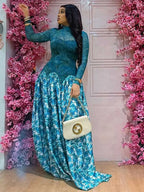 Women Autumn Light Blue Long Sleeve Dress Slim Waist Mid-turtleneck Chic Elegant Evening Wear