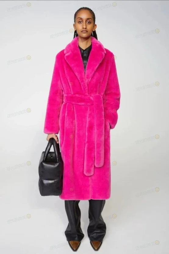 Luxury Lace Up Faux Fur Coat Women Chic Lapel Full Sleeve Fluffy Loose Warm Long Jacket Lady Winter Daily Highstreet Outerwears
