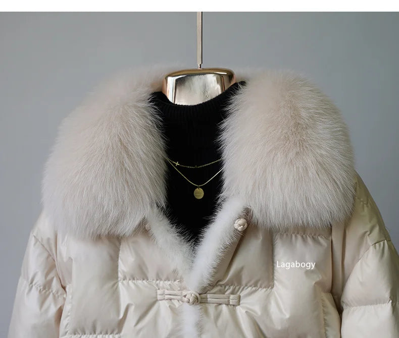 Women's White Duck down Jacket 2025 Winter Collection Real Faux Fur Collar Hair Puffer Coat Vintage Street wear