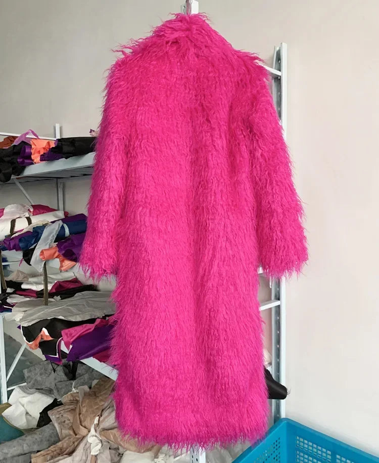 Faux Fur Jacket Women Long Coat Thick Fluffy Winter Warm Shaggy Overcoat Open Stitch Outerwear Turn Down Collar High Street