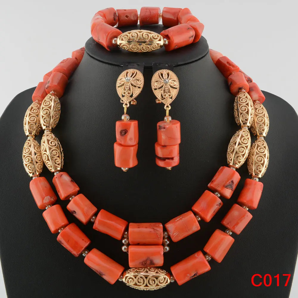 Latest Coral Jewelry Sets Nigerian Dubai Orange Necklace Sets of Beads African