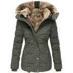 Winter Warm Wool Collar Cotton Coat Womens Zipper Long Sleeve Slim Fit Hooded