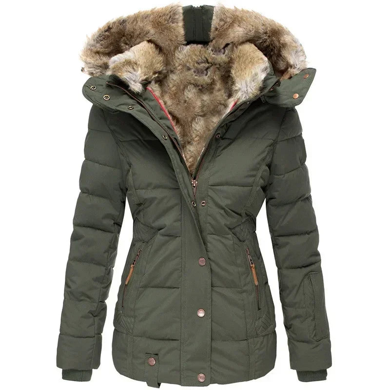Winter Warm Wool Collar Cotton Coat Womens Zipper Long Sleeve Slim Fit Hooded
