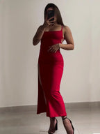 Red Lace-Up Back High Split Maxi Dress – Bodycon Summer Evening Dress