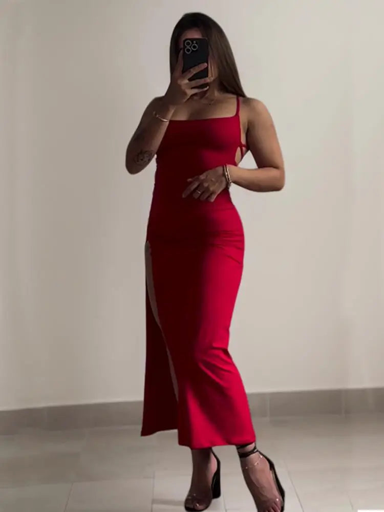 Red Lace-Up Back High Split Maxi Dress – Bodycon Summer Evening Dress
