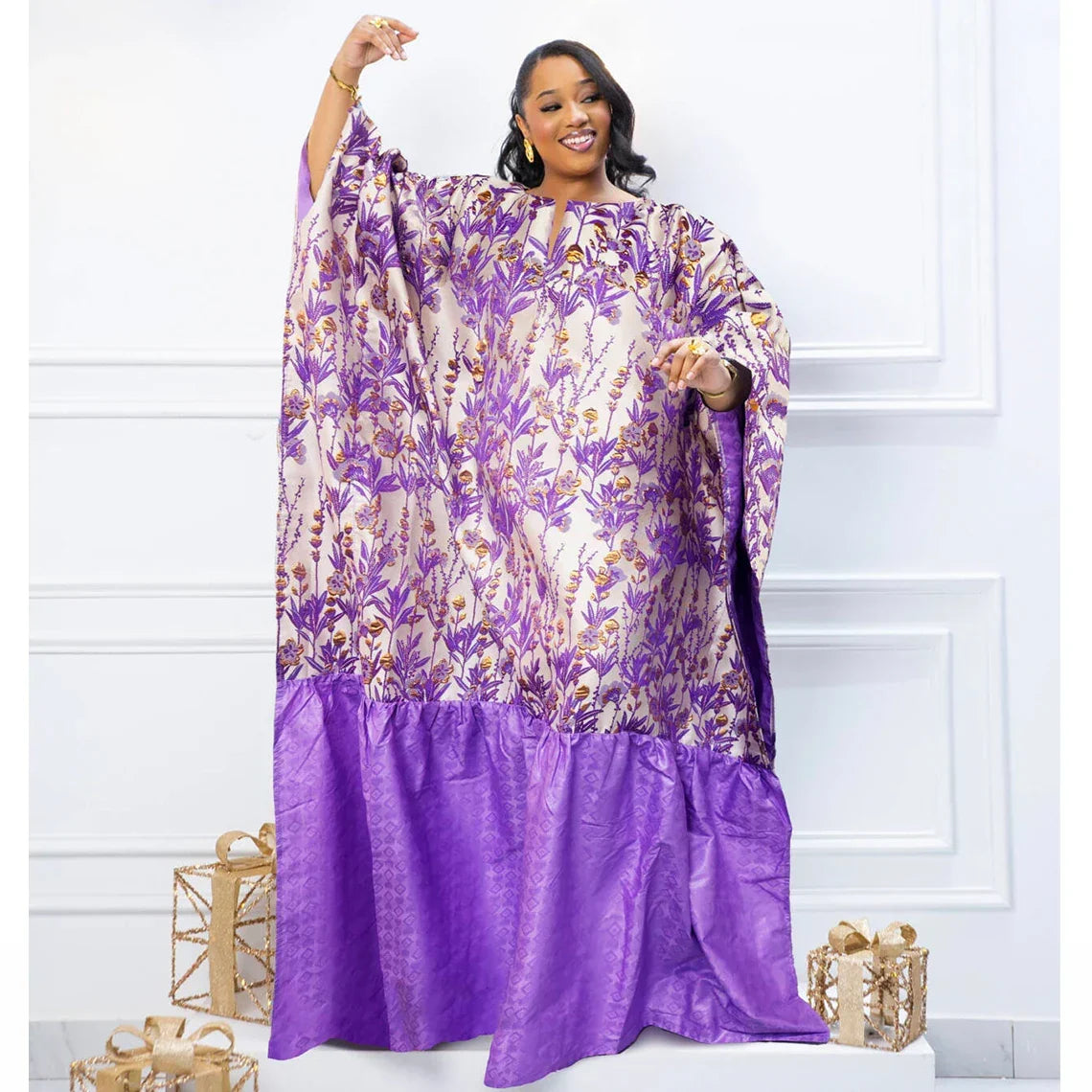 Gold Line African Women Brocade Boubou Dress Party Dashiki Embroidery With