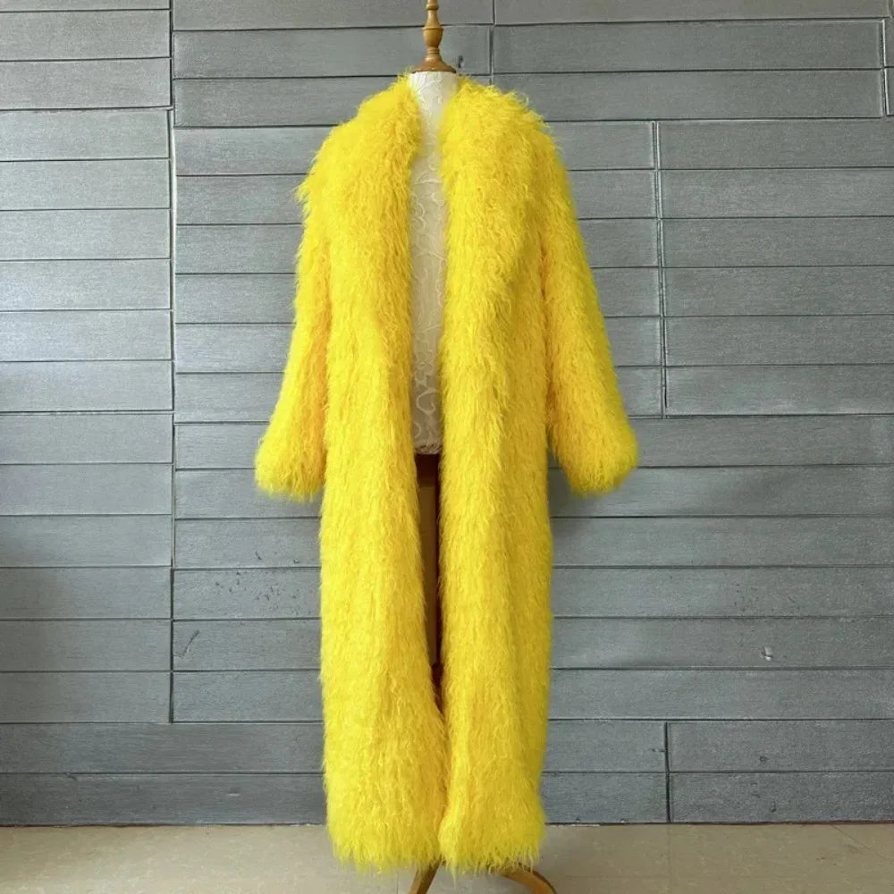 Faux Fur Jacket Women Long Coat Thick Fluffy Winter Warm Shaggy Overcoat Open Stitch Outerwear Turn Down Collar High Street