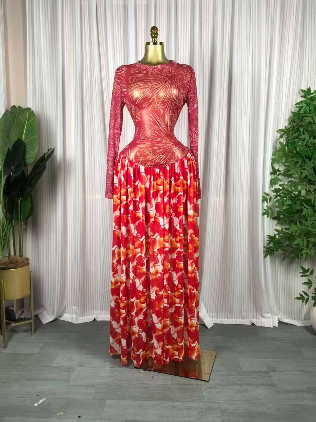 Women leaf Print patchwork smock Midi A-line Long Maxi Elegant Evening Dresses