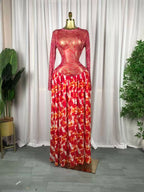 Women leaf Print patchwork smock Midi A-line Long Maxi Elegant Evening Dresses