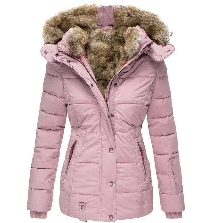 Winter Warm Wool Collar Cotton Coat Womens Zipper Long Sleeve Slim Fit Hooded