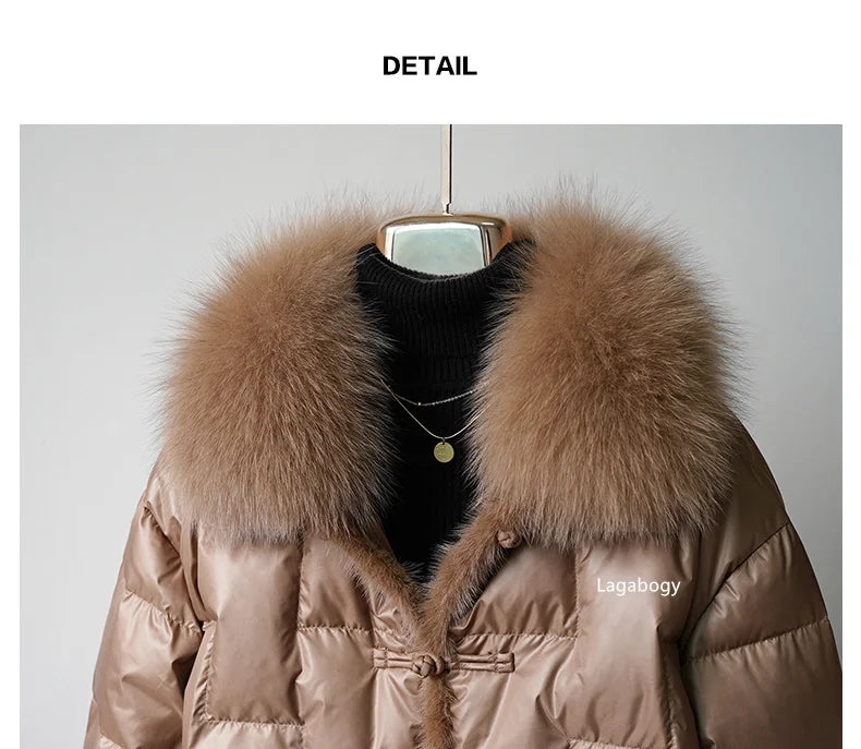 Women's White Duck down Jacket 2025 Winter Collection Real Faux Fur Collar Hair Puffer Coat Vintage Street wear