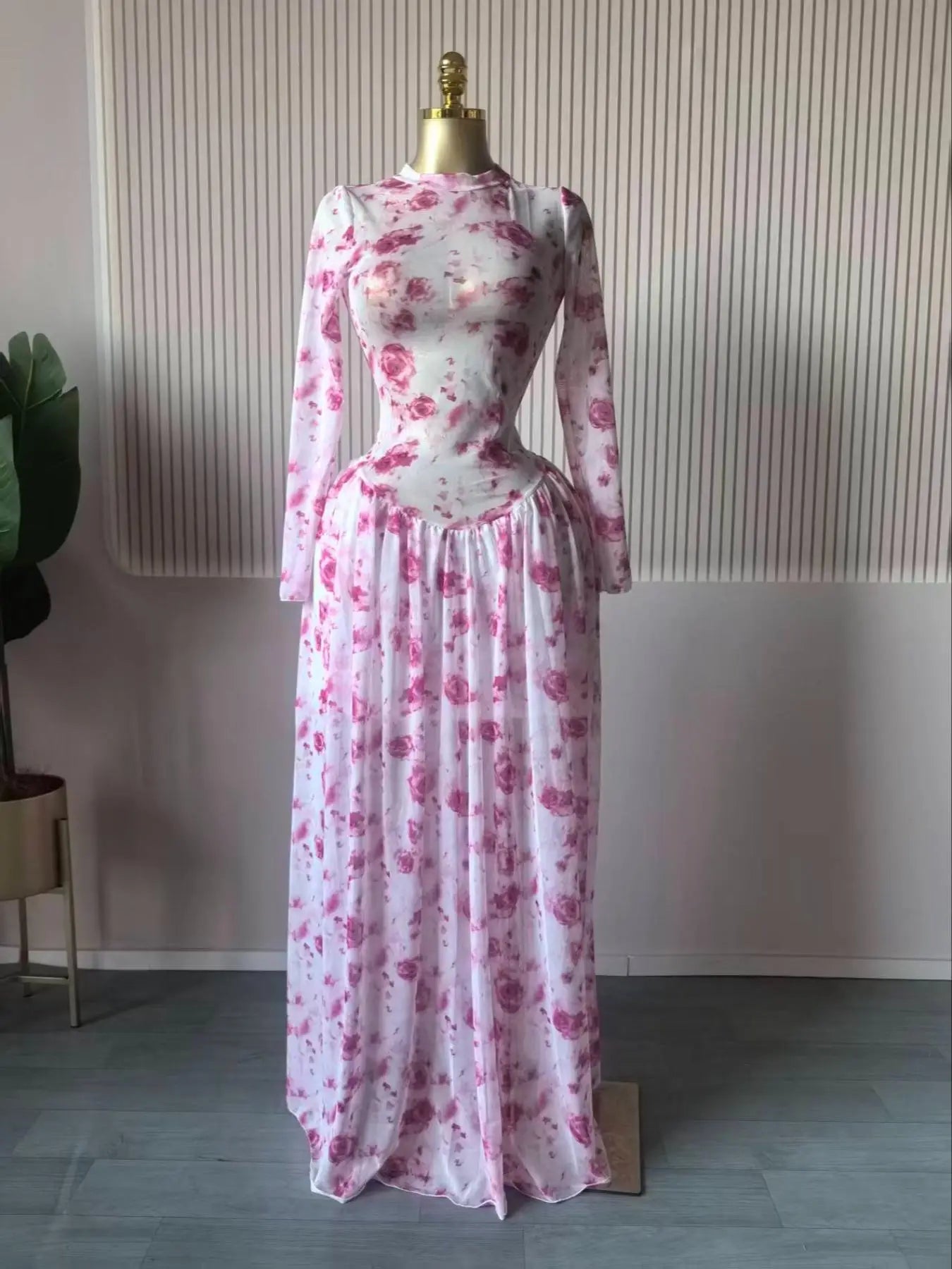 Women leaf Print patchwork smock Midi A-line Long Maxi Elegant Evening Dresses
