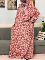 Women's Traditional Floral Ramadan Muslim Cotton Abayas Garment with attached Headscarf