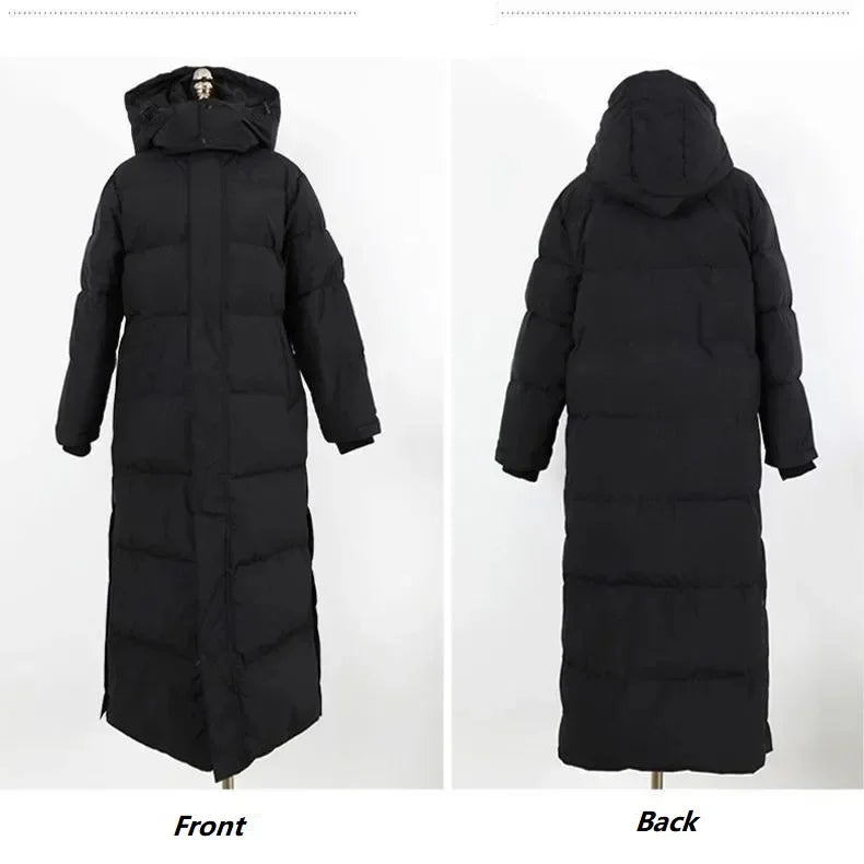 Women's Thickened Padded Cotton Parka Over-The-Knee Long Black down Coat Winter Warm Fashion Zipper Closure Slim Fit Female Jacket