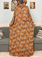 Women's Traditional Floral Ramadan Muslim Cotton Abayas Garment with attached Headscarf