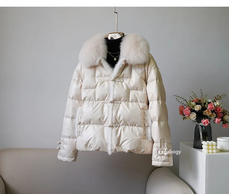 Women's White Duck down Jacket 2025 Winter Collection Real Faux Fur Collar Hair Puffer Coat Vintage Street wear