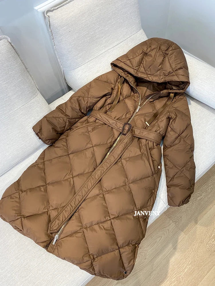Women's Thickened Warm Hooded Puffer Jacket Winter Duck down Coat Fluffy Long Belted Zipper Closure Casual Style