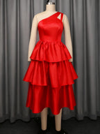 Women's Elegant One-Shoulder Ruffle Layered Party Dress Shiny Mid-Calf Gown for Christmas Birthday Wedding Guest Events