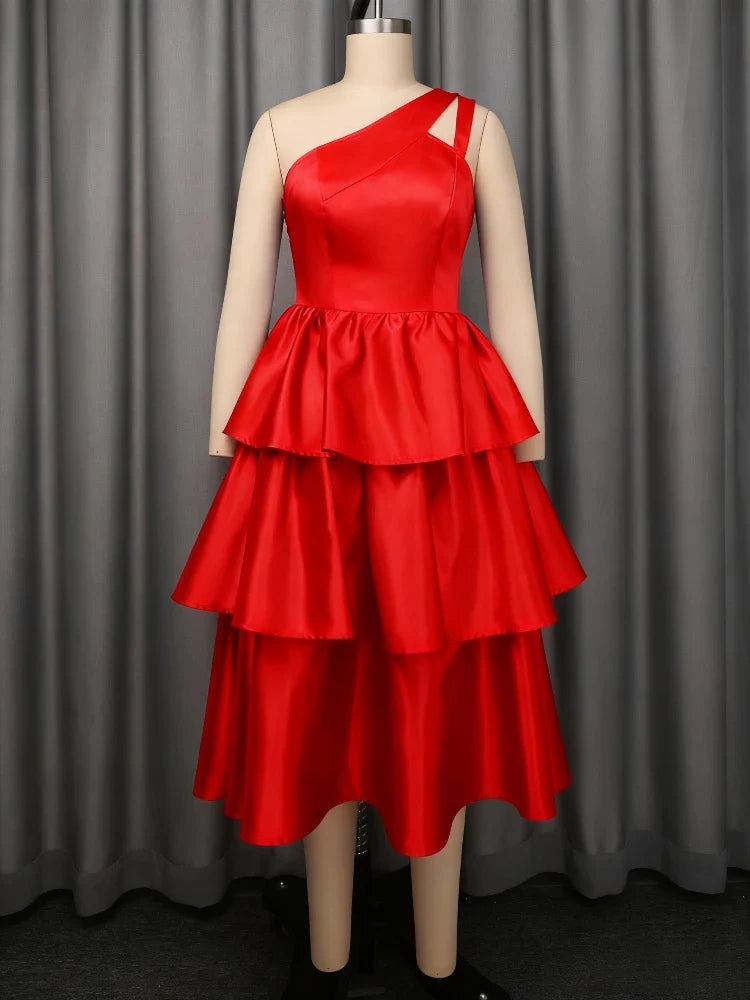 Women's Elegant One-Shoulder Ruffle Layered Party Dress Shiny Mid-Calf Gown for Christmas Birthday Wedding Guest Events