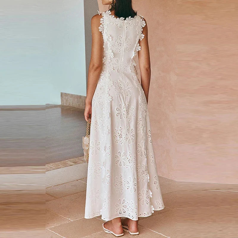 Elegant Hollow Out Floral Bandage Party Dress New Solid Color Lace Embroidery Evening Dress Trendy Sleeveless Women White Dress