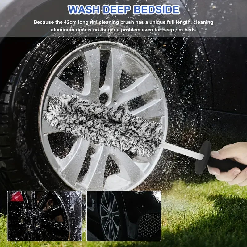 Car Wheel Cleaning Brush Plush Soft Bristle Rim & Tire Brush with Non-Slip Handle