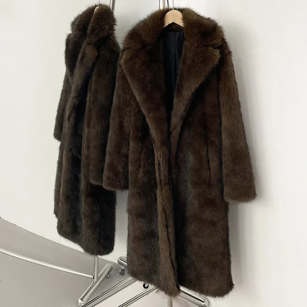 Women's Long Faux Fur Jacket European Style Lapel Casual Coat Eco-Friendly Covered Button Loose Fit Winter Warm