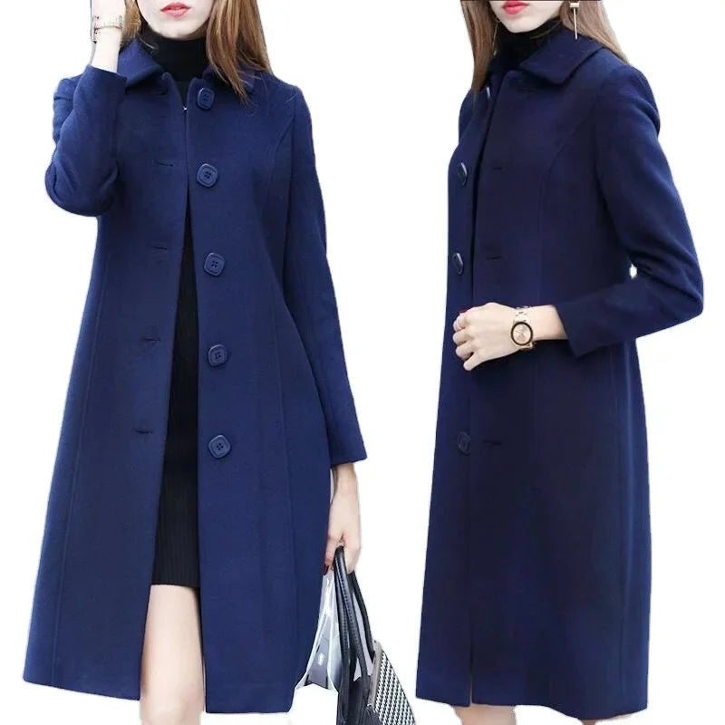 Women's Medium-Length Slimming Woolen Overcoat Autumn Winter plus Sizes Smooth Silhouette Single Breasted Button Closure