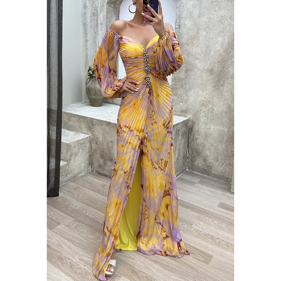 Women Floral Lantern Long Sleeve Dress Elegant Rhinestone Off Shoulder Maxi