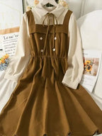 Vintage Patchwork Women's Dress High Waist A-Line Mid-Calf Spring Long-Sleeved