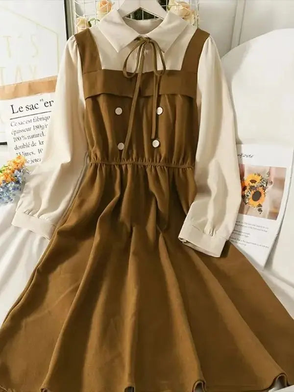 Vintage Patchwork Women's Dress High Waist A-Line Mid-Calf Spring Long-Sleeved