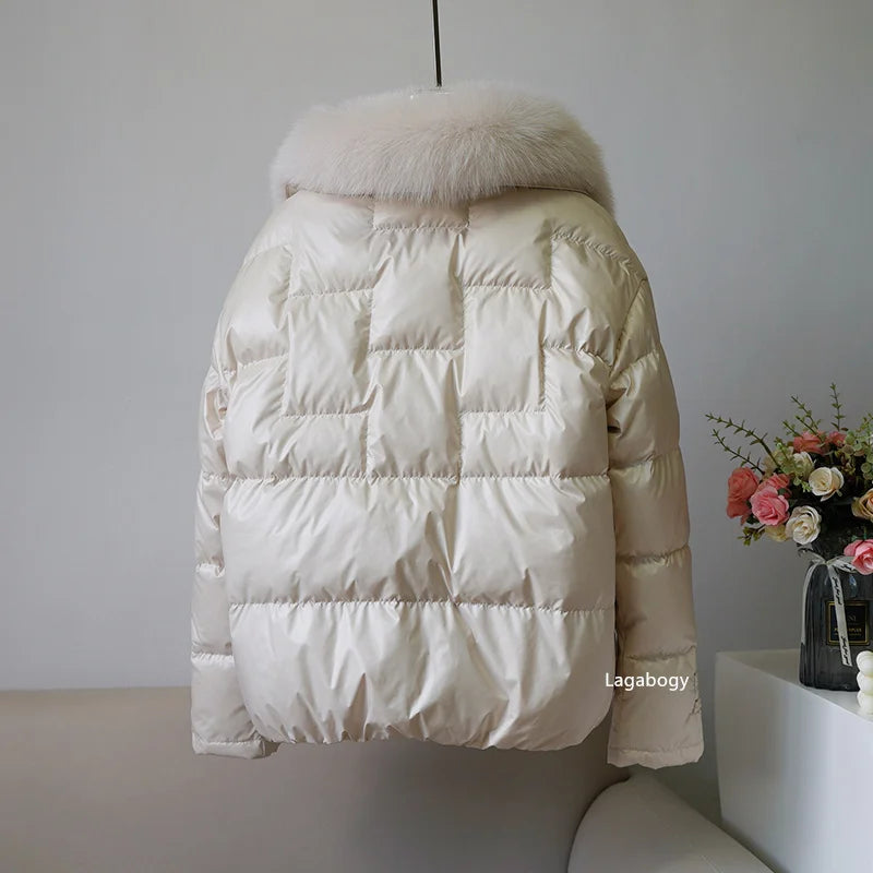 Women's White Duck down Jacket 2025 Winter Collection Real Faux Fur Collar Hair Puffer Coat Vintage Street wear