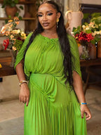 Elegant Olive Green Dress for Women Maxi Summer Dress Waist Draped Straight Type Pleated Party Dress Wholesale Dropshipping