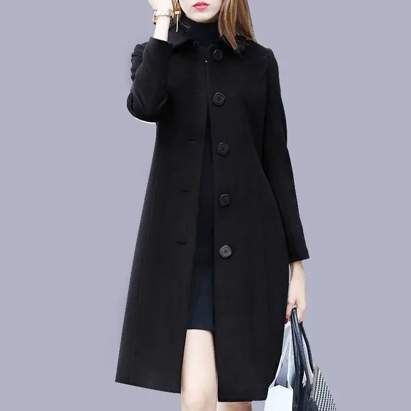 Women's Medium-Length Slimming Woolen Overcoat Autumn Winter plus Sizes Smooth Silhouette Single Breasted Button Closure