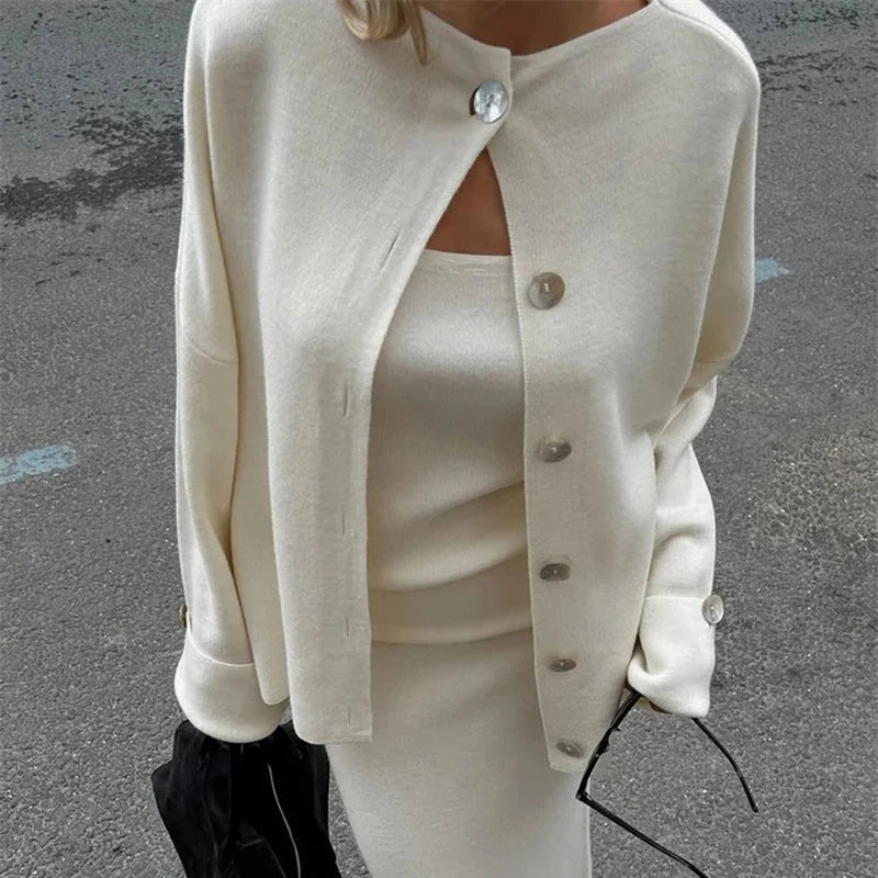 Women's Fashion Three Piece Set Solid Knitted Vest Long Sleeve Single Breasted Coat Chic Maxi Skirt Outfit Winter Casual Dress