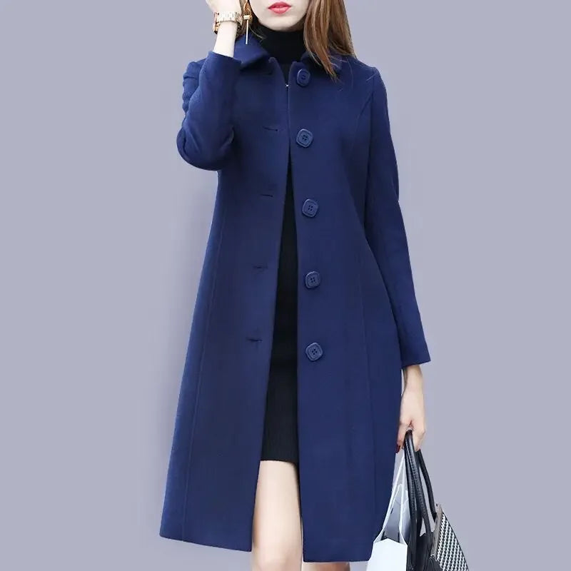 Women's Medium-Length Slimming Woolen Overcoat Autumn Winter plus Sizes Smooth Silhouette Single Breasted Button Closure