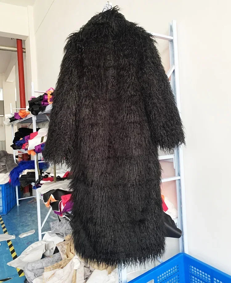 Faux Fur Jacket Women Long Coat Thick Fluffy Winter Warm Shaggy Overcoat Open Stitch Outerwear Turn Down Collar High Street