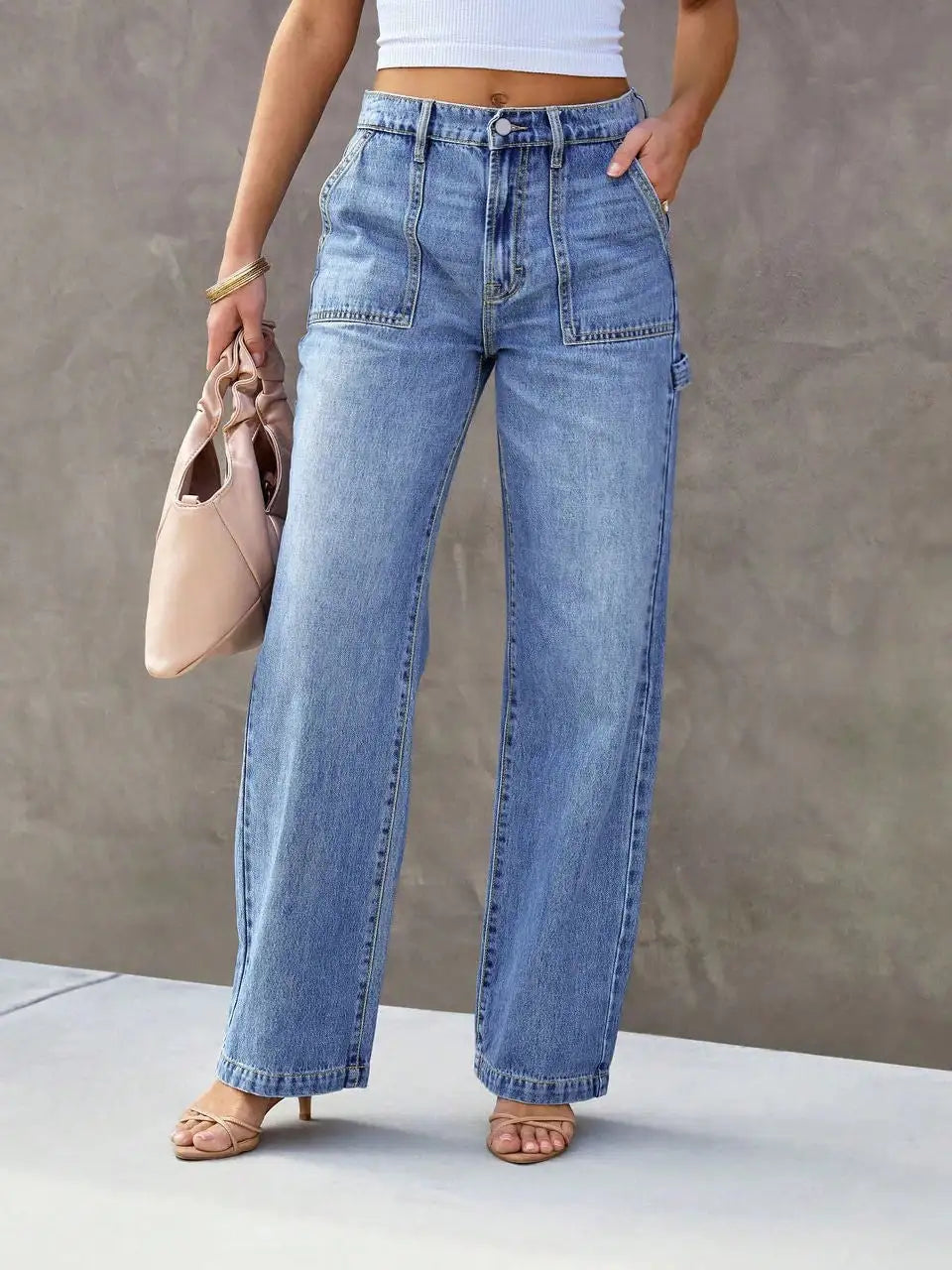 Women’s Wide Leg Cargo Jeans – Mid-Waist Straight Leg Denim