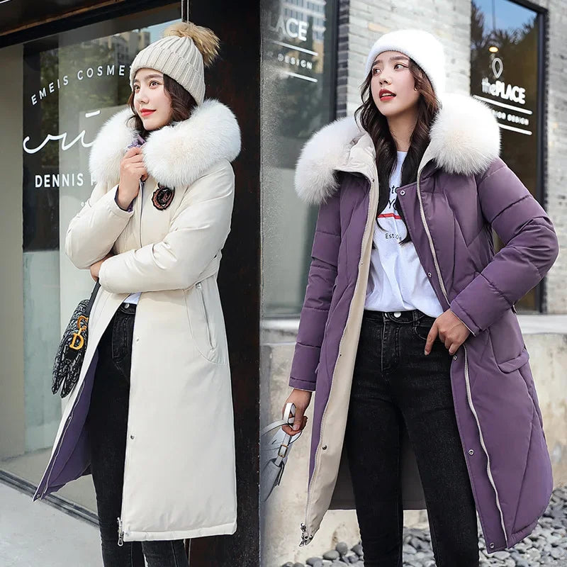 Women's Double-Sided Color Block Parka Winter Jacket with Big Fur Collar Hooded Zipper Pockets Long Sleeve Casual Overcoat