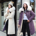 Women's Double-Sided Color Block Parka Winter Jacket with Big Fur Collar Hooded Zipper Pockets Long Sleeve Casual Overcoat